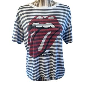 The Rolling Stones Tee Small Day Grey & White Stripe Red Tongue Logo Distressed